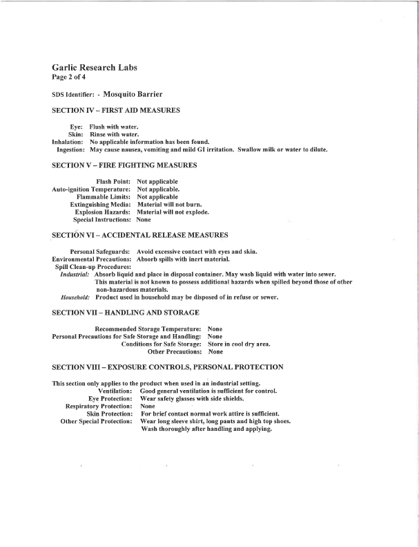 Mosquito Barrier MSDS page two