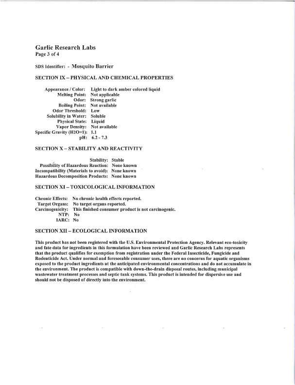 Mosquito Barrier MSDS page two