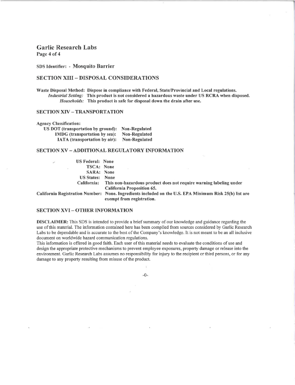 Mosquito Barrier MSDS page two